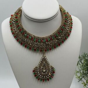 Indian Antique Gold CZ Ruby Emerald Pendant Dori Bridal Ethnic Choker Necklace